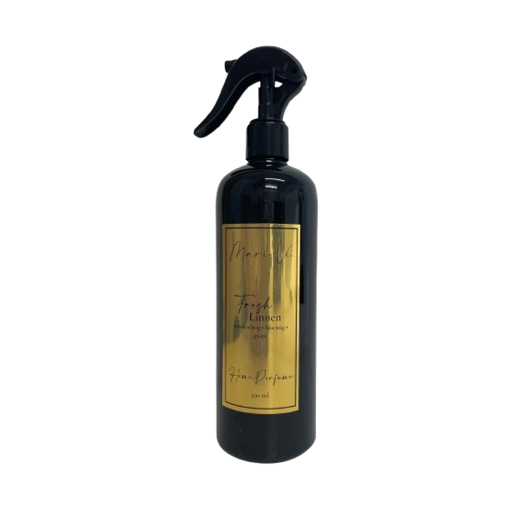 Mari-Ve® roomspray 500 ml – zwarte PET-fles met gouden label en spraykop, geur  Fresh Linnen