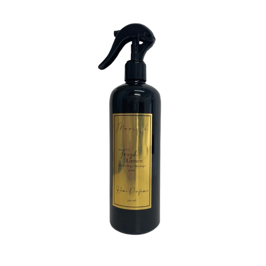 Mari-Ve® roomspray 500 ml – zwarte PET-fles met gouden label en spraykop, geur  Fresh Linnen