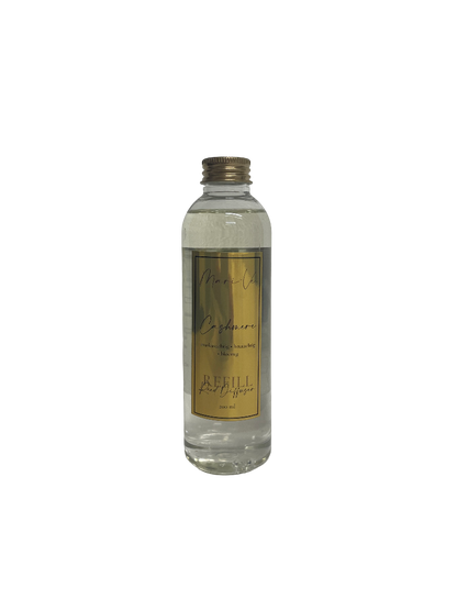 Mari-Ve® diffuser refill 200 ml – transparante navulfles met gouden label en schroefdop, geur Cashmere