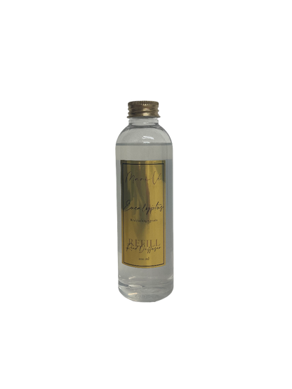 Mari-Ve® diffuser refill 200 ml – transparante navulfles met gouden label en schroefdop, geur Eucalyptus