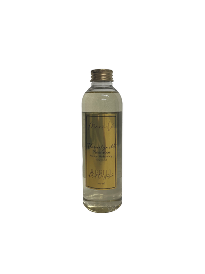 Mari-Ve® diffuser refill 200 ml – transparante navulfles met gouden label en schroefdop, geur Flwueelzachte Pioenroos