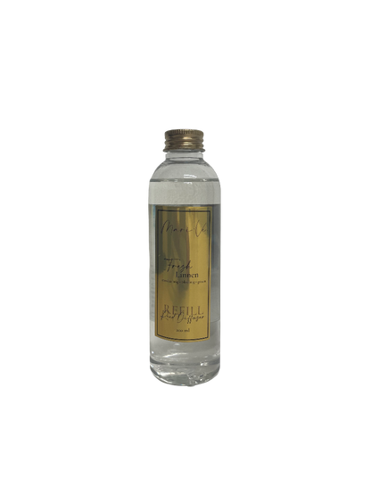 Mari-Ve® diffuser refill 200 ml – transparante navulfles met gouden label en schroefdop, geur Fresh Linnen.