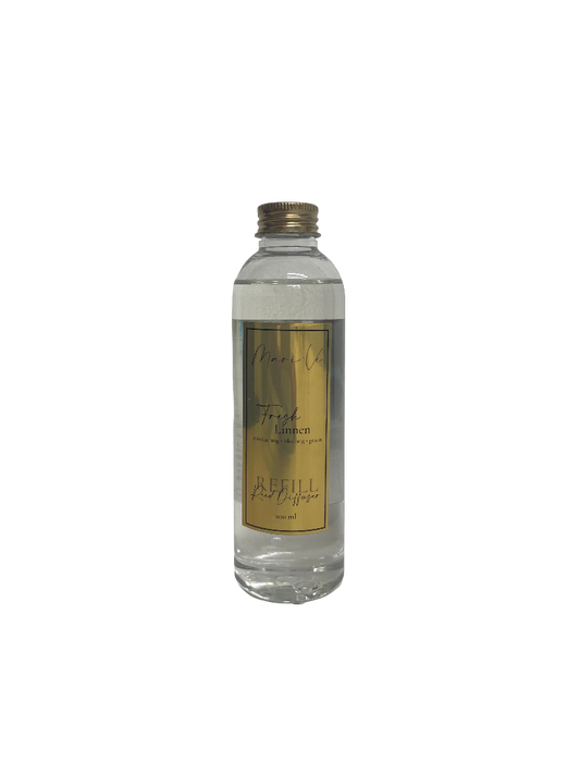 Mari-Ve® diffuser refill 200 ml – transparante navulfles met gouden label en schroefdop, geur Fresh Linnen.