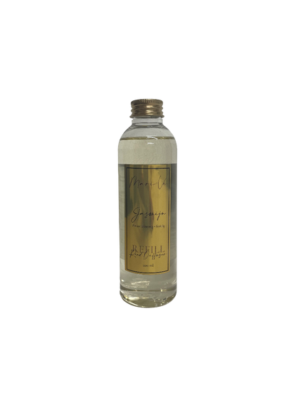Mari-Ve® diffuser refill 200 ml – transparante navulfles met gouden label en schroefdop, geur Jasmijn