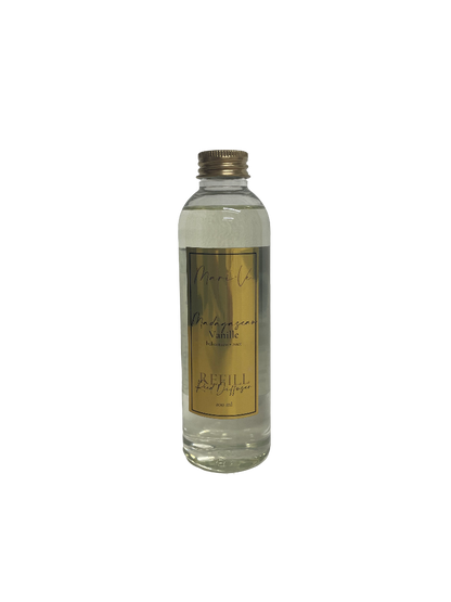 Mari-Ve® diffuser refill 200 ml – transparante navulfles met gouden label en schroefdop, geur Madagascan Vanille