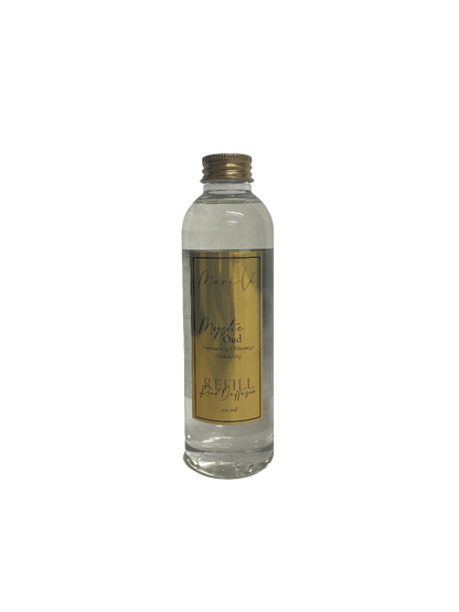 Mari-Ve® diffuser refill 200 ml – transparante navulfles met gouden label en schroefdop, geur Mystic Oud