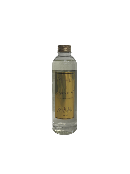 Mari-Ve® diffuser refill 200 ml – transparante navulfles met gouden label en schroefdop, geur Peppermint ( peppermunt )