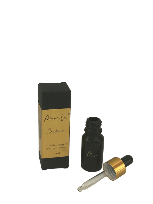 Mari-Ve® geurdruppelflesje 10 ml – zwart flesje met gouden label, pipet en luxe doosje, geur Cashmere