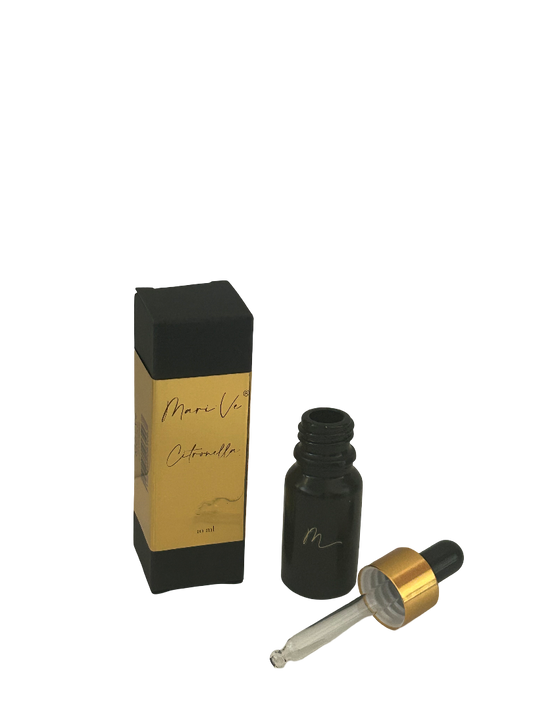 Mari-Ve® geurdruppelflesje 10 ml – zwart flesje met gouden label, pipet en luxe doosje, geur Citronella