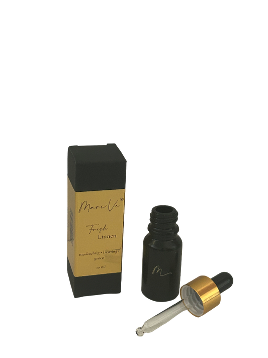 Mari-Ve® geurdruppelflesje 10 ml – zwart flesje met gouden label, pipet en luxe doosje, geur Fresh Linnen.