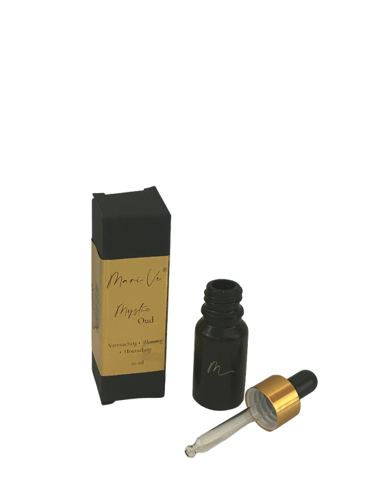 Mari-Ve® geurdruppelflesje 10 ml – zwart flesje met gouden label, pipet en luxe doosje, geur Mystic Oud.