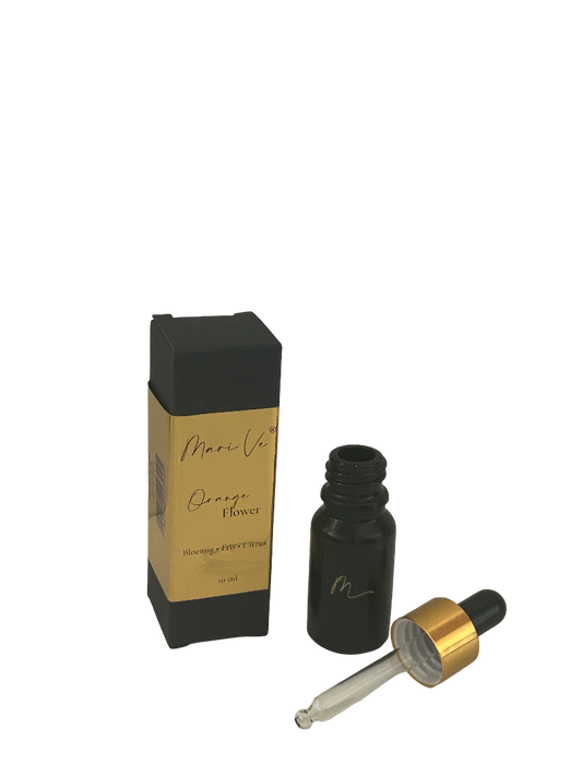 Mari-Ve® geurdruppelflesje 10 ml – zwart flesje met gouden label, pipet en luxe doosje, geur Orange Flower.