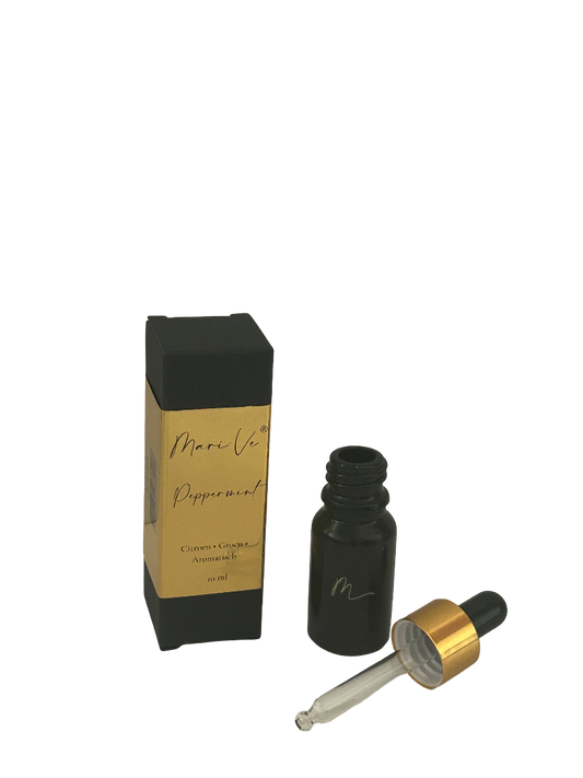 Mari-Ve® geurdruppelflesje 10 ml – zwart flesje met gouden label, pipet en luxe doosje, geur Peppermint ( peppermunt )