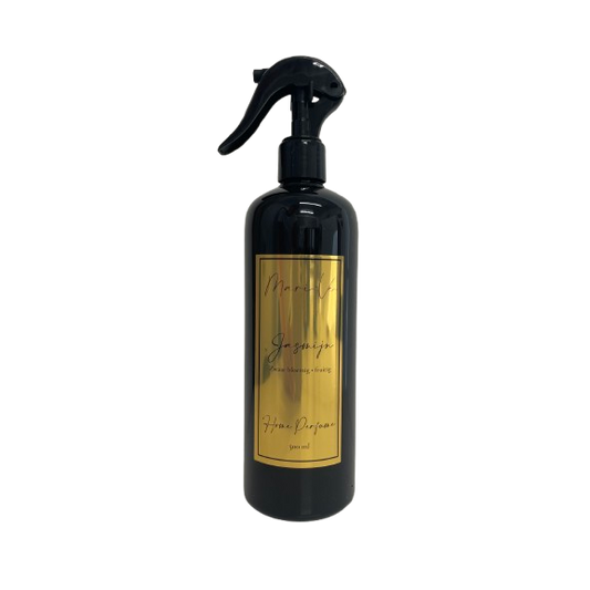 Mari-Ve® roomspray 500 ml – zwarte PET-fles met gouden label en spraykop, geur Jasmijn