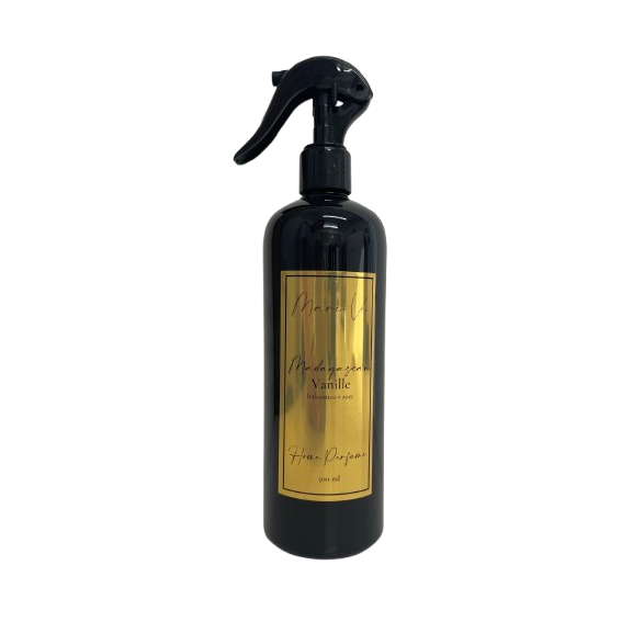Mari-Ve® roomspray 500 ml – zwarte PET-fles met gouden label en spraykop, geur  Madagascan Vanille