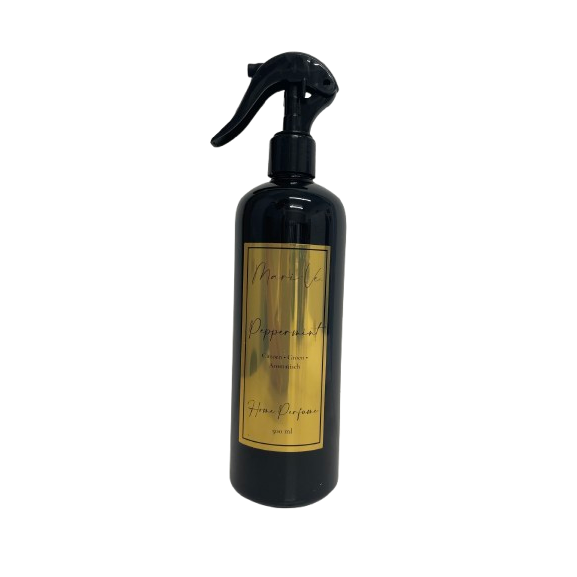 Mari-Ve® roomspray 500 ml – zwarte PET-fles met gouden label en spraykop, geur Peppermint