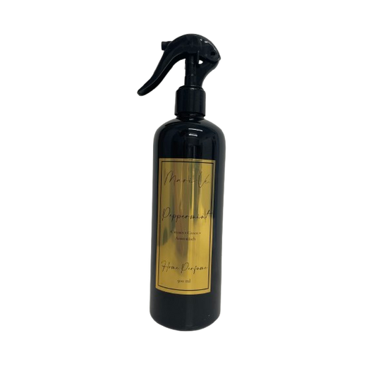 Mari-Ve® roomspray 500 ml – zwarte PET-fles met gouden label en spraykop, geur Peppermint
