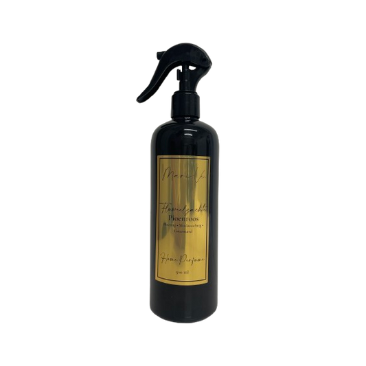 Mari-Ve® roomspray 500 ml – zwarte PET-fles met gouden label en spraykop, geur   Fluweelzachte pioenroos