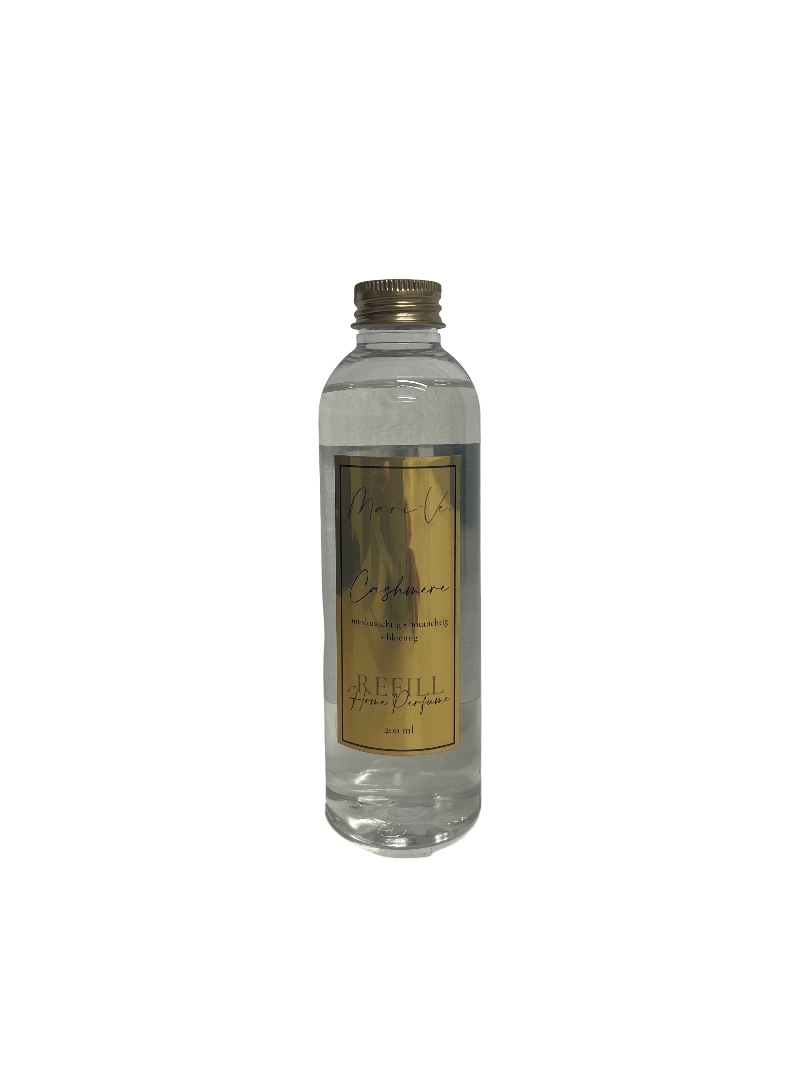 Mari-Ve® roomspray refill 200 ml – transparante navulfles met gouden label en schroefdop, geur Cashmere.