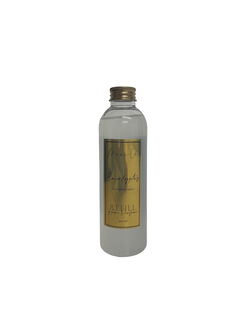 Mari-Ve® roomspray refill 200 ml – transparante navulfles met gouden label en schroefdop, geur Eucalyptus.