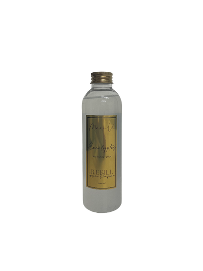 Mari-Ve® roomspray refill 200 ml – transparante navulfles met gouden label en schroefdop, geur Eucalyptus.