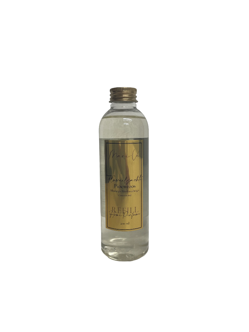 Mari-Ve® roomspray refill 200 ml – transparante navulfles met gouden label en schroefdop, geur Fluweelzachte Pioenroos