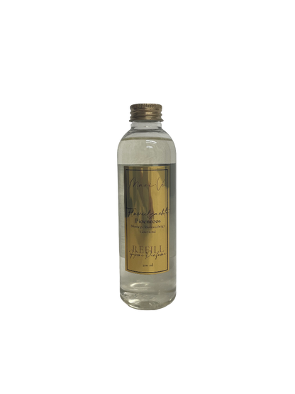 Mari-Ve® roomspray refill 200 ml – transparante navulfles met gouden label en schroefdop, geur Fluweelzachte Pioenroos