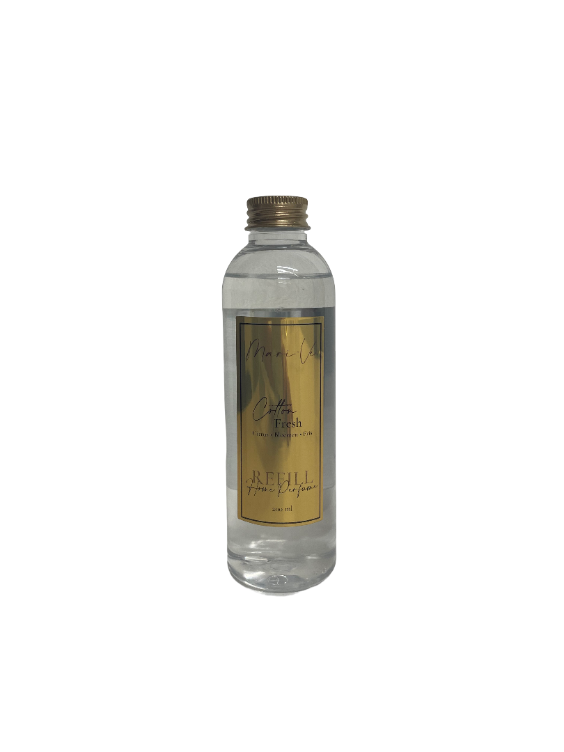 Mari-Ve® roomspray refill 200 ml – transparante navulfles met gouden label en schroefdop, geur Fresh Cotton.