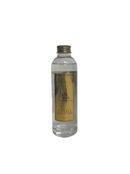 Mari-Ve® roomspray refill 200 ml – transparante navulfles met gouden label en schroefdop, geur Fresh Cotton.