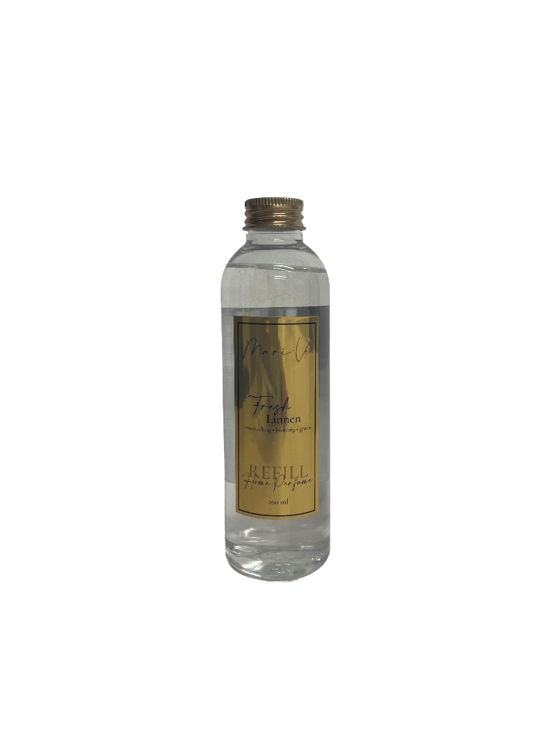 Mari-Ve® roomspray refill 200 ml – transparante navulfles met gouden label en schroefdop, geur Fresh Linnen.