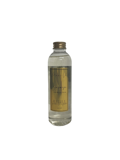 Mari-Ve® roomspray refill 200 ml – transparante navulfles met gouden label en schroefdop, geur Jasmijn.