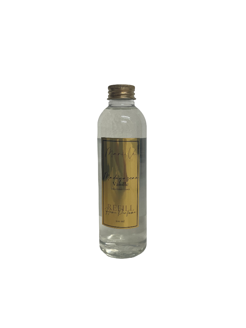 Mari-Ve® roomspray refill 200 ml – transparante navulfles met gouden label en schroefdop, geur Madagascan Vanille.