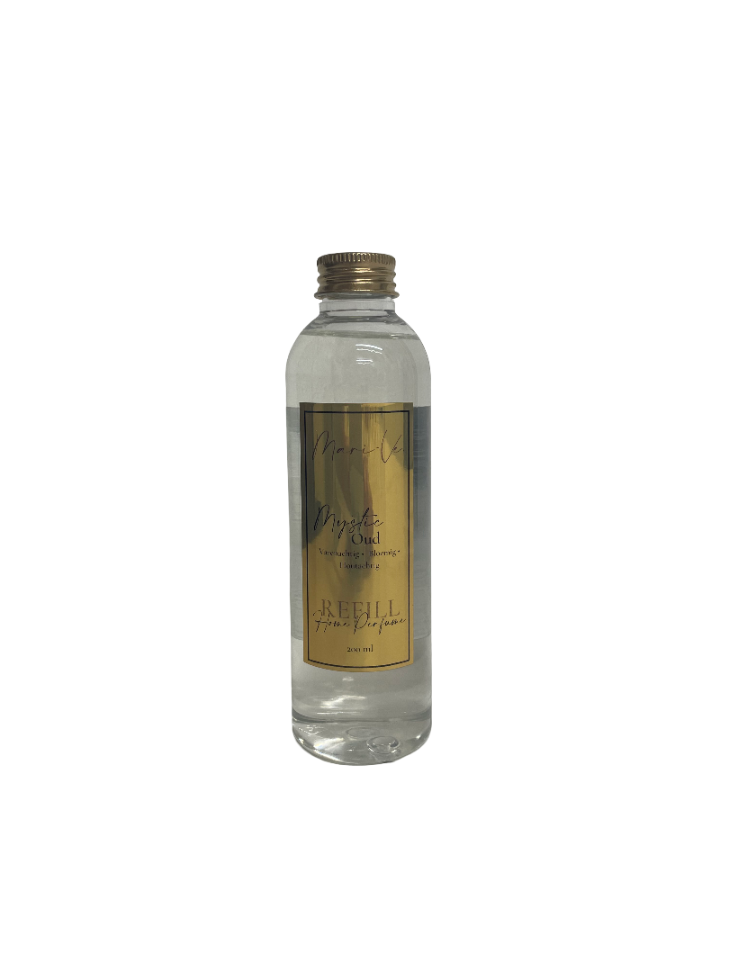 Mari-Ve® roomspray refill 200 ml – transparante navulfles met gouden label en schroefdop, geur Mystic Oud