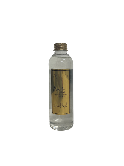 Mari-Ve® roomspray refill 200 ml – transparante navulfles met gouden label en schroefdop, geur Mystic Oud