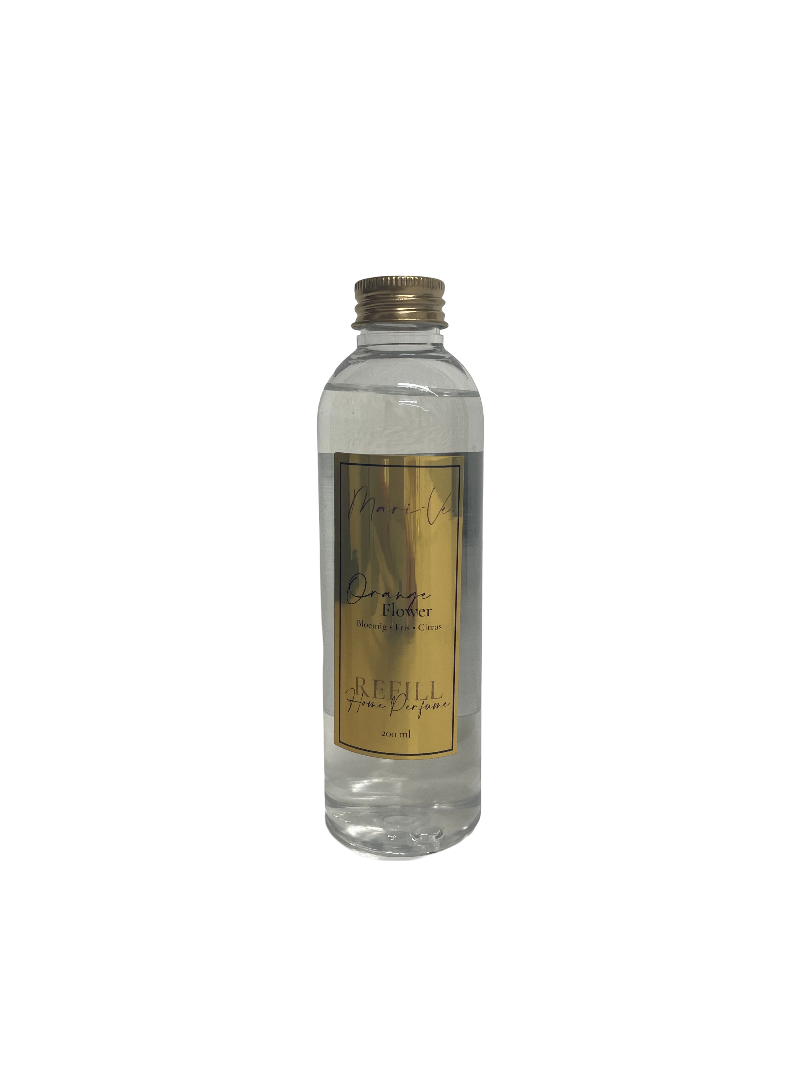 Mari-Ve® roomspray refill 200 ml – transparante navulfles met gouden label en schroefdop, geur Orange Flower.