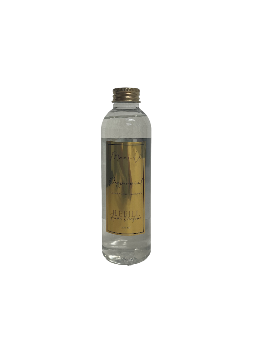 Mari-Ve® roomspray refill 200 ml – transparante navulfles met gouden label en schroefdop, geur Peppermint.