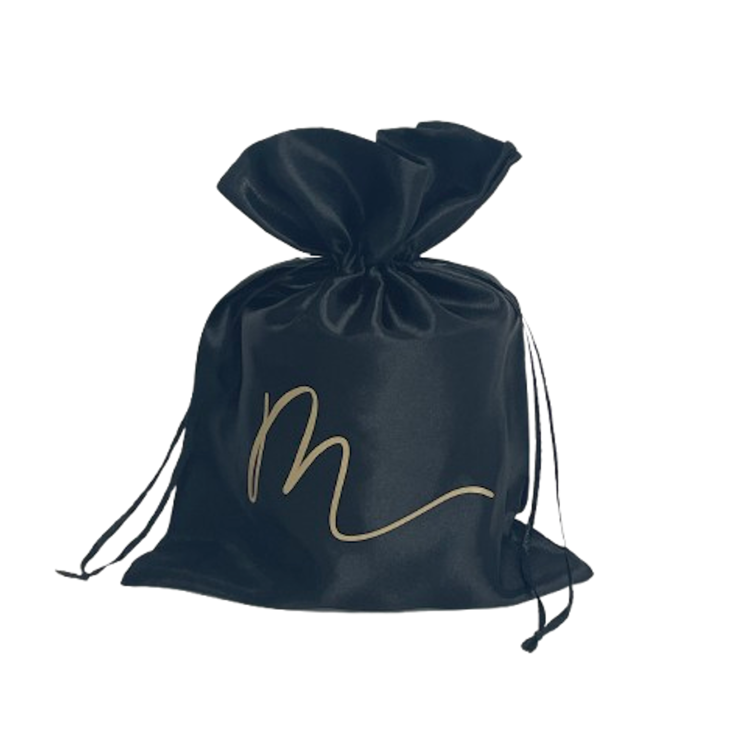 Luxe zwarte satijnen geschenkverpakking voor XL geurkaars van Mari-Ve met goudkleurig M-logo